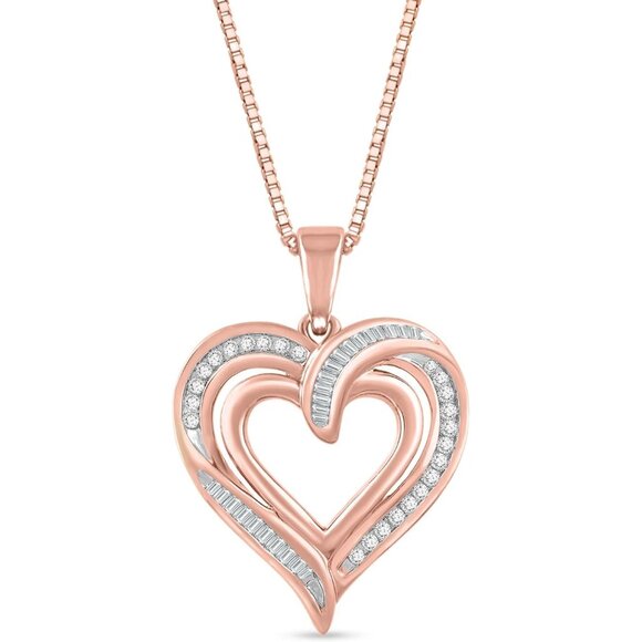 Heart Pendant Necklace 18" Rose Gold Sterling Silver Diamonds Gift - Picture 1 of 9